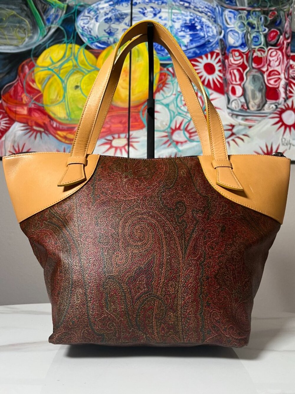 ETRO Milano Arnica Paisley Coated Canvas Leather Zip Tote - Picture 5 of 13